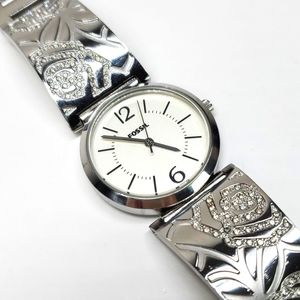 Fossil Blue ES2763 Silver Steel Bangle Floral Pave Wristband White Face